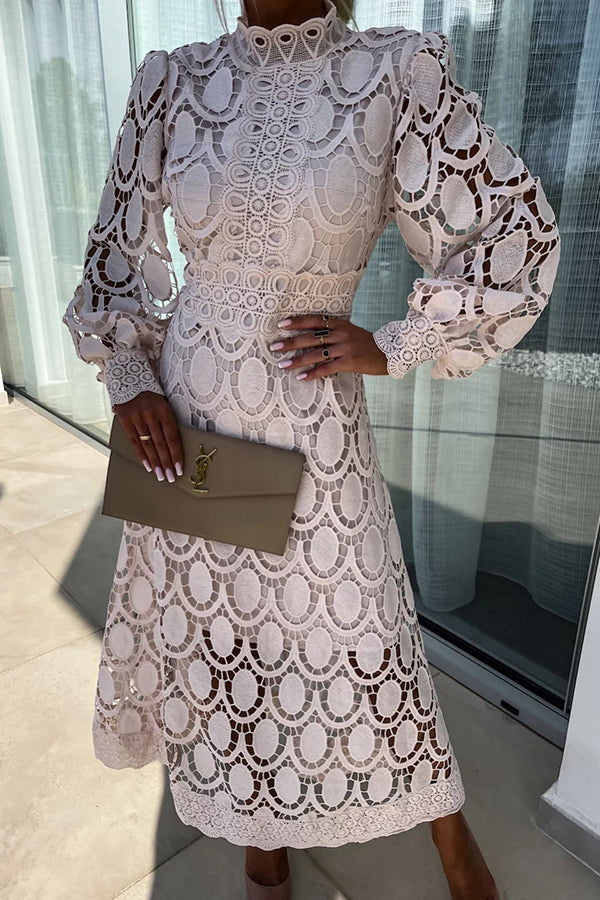 Crochet Lace Lantern Sleeve Midi Dress for Parties