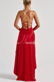 Satin Back Lace-Up High Low Ruffle Maxi Dress