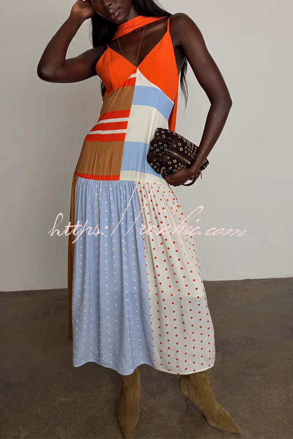 Color-Block Polka Dot Print Pleated Maxi Dress