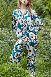 Blue & White Floral Print Long Sleeve Two-Piece Set
