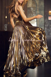 Metallic Fabric Cross Neck Pleated Maxi Dress with Slit