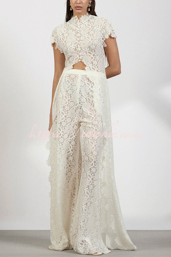 Floral Lace Two-Piece High Neck Top and Wide Leg Pants Set