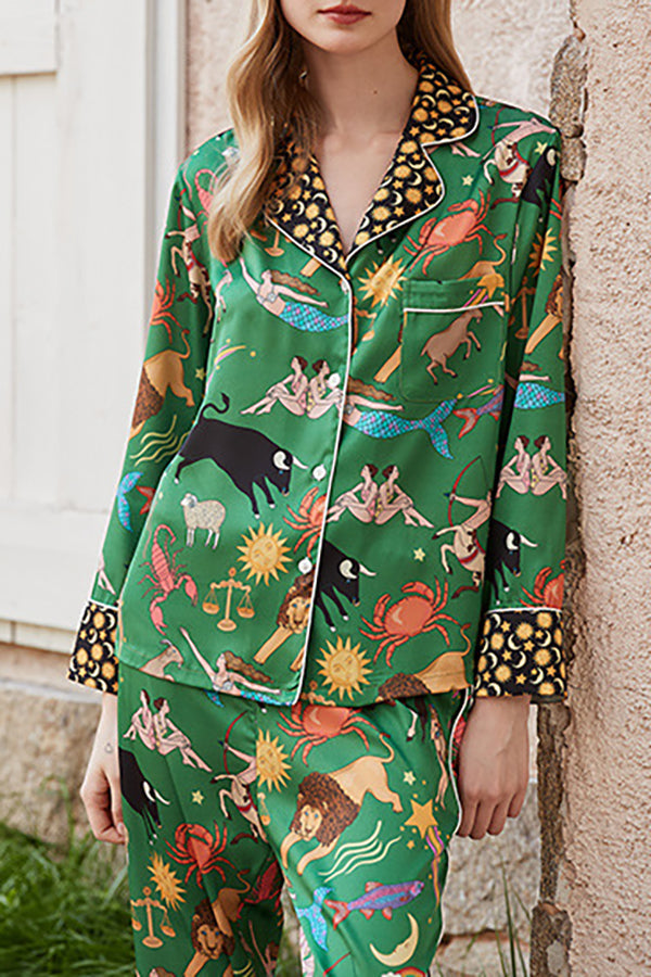 Green Constellation Print Loose Long Sleeve Two-Piece Set