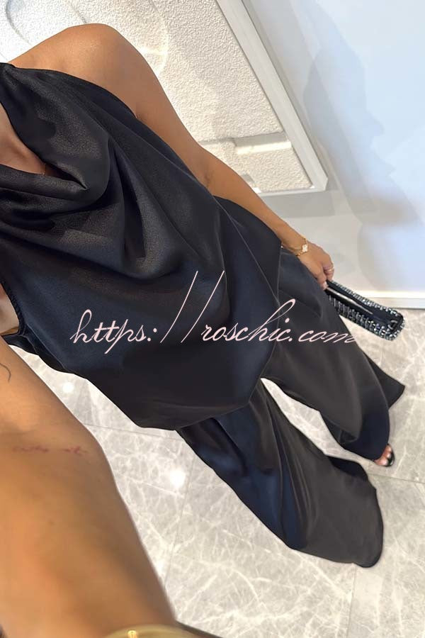 Satin Cowl Neck Top & Loose Pants Set | Sleeveless Two-Piece