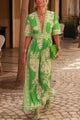 Plant Print V-Neck Jumpsuit – Loose Fit, Short Sleeve