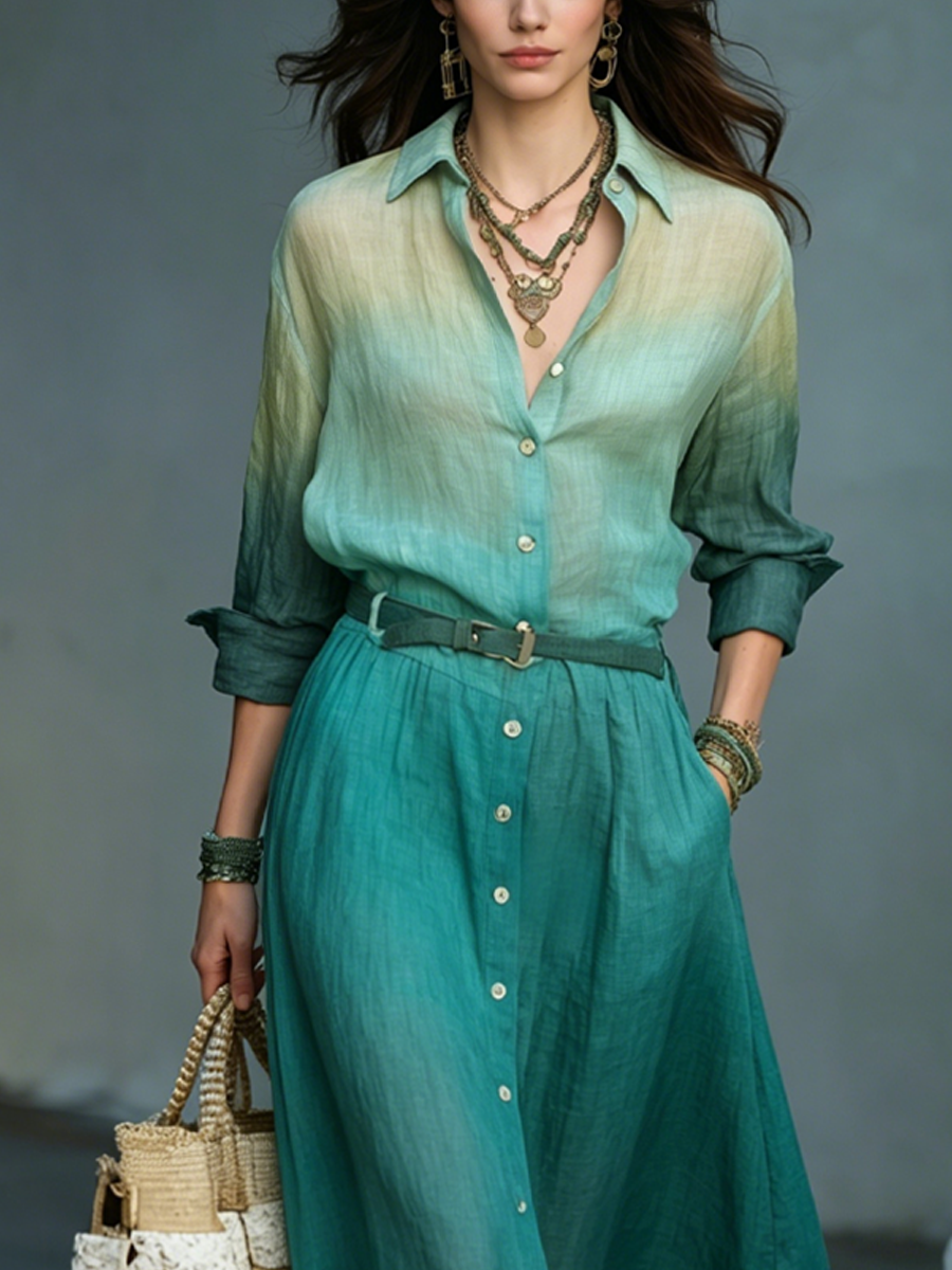 Teal Ombre Long Sleeve Midi Shirt Dress – Bohemian Style