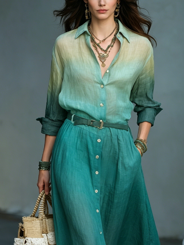 Robe chemise mi-longue à manches longues ombrée sarcelle – Style bohème