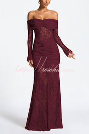 Off-Shoulder Lace Maxi Dress – Slim-Fit Long Sleeve