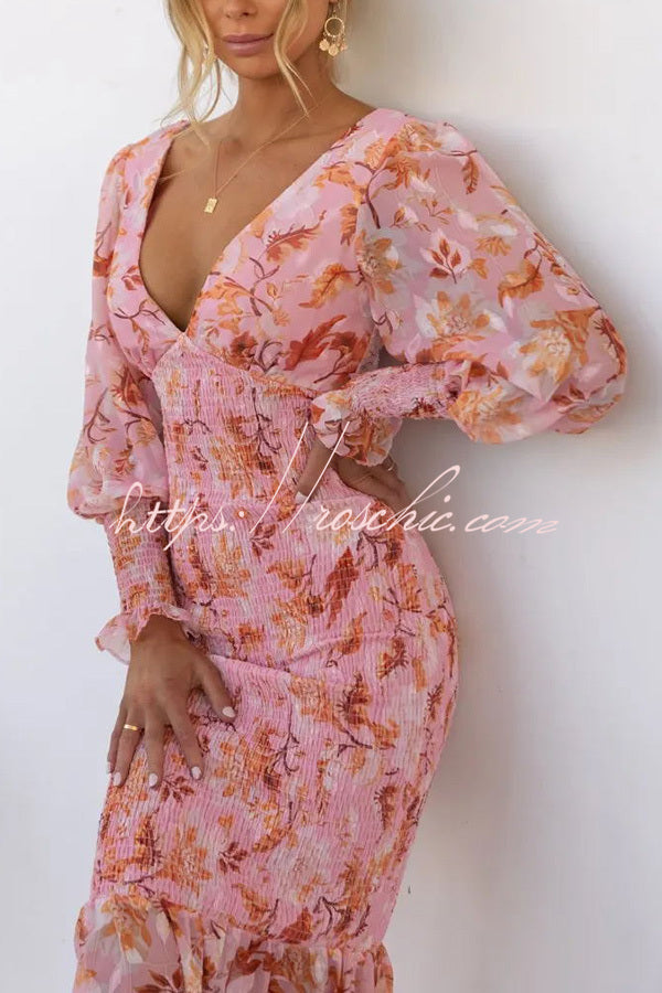 Floral Smocked Waist Long Sleeve Midi Dress