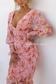 Floral Smocked Waist Long Sleeve Midi Dress