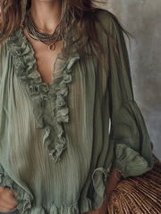Olive Green Ruffled Long Sleeve Blouse