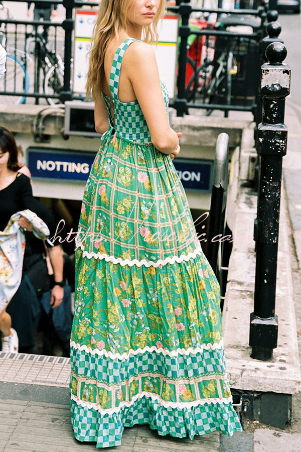Ric Rac Trim Smocked Bust Lace-Up Maxi Dress