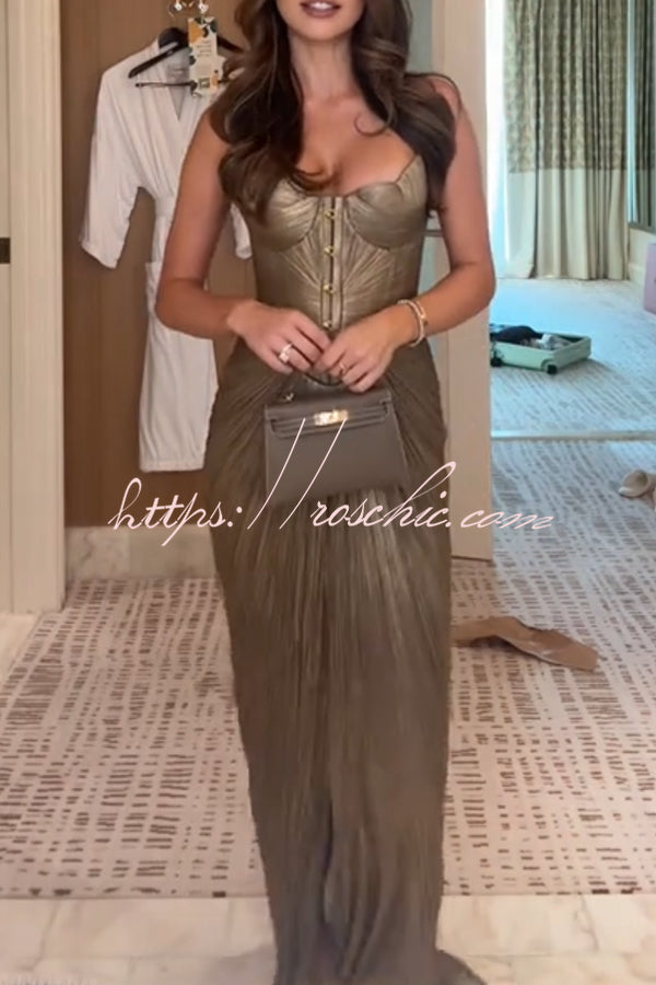 Metallic Pleated Maxi Dress with Sweetheart Bodice & Lace-Up Back