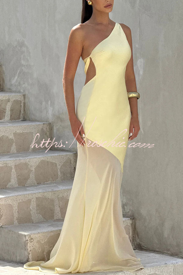 Satin One-Shoulder Maxi Dress with Chiffon Fishtail Hem