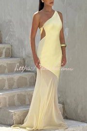 Satin One-Shoulder Maxi Dress with Chiffon Fishtail Hem