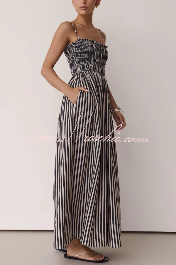 Striped Spaghetti Strap Pleated Maxi Dress with Pockets
