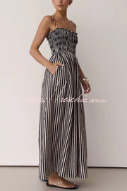 Striped Spaghetti Strap Pleated Maxi Dress with Pockets