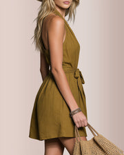Halter V-Neck Tie Waist Mini Dress – Open Back