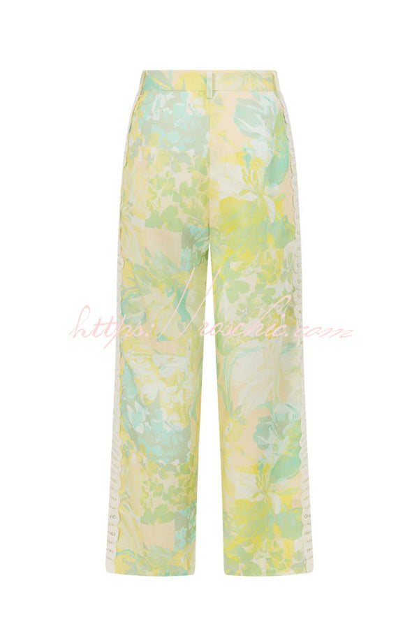 Printed Crochet Trim Camisole and Wide-Leg Pants Set