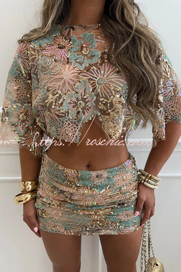 Embroidered Flower Sequin Crop Top & Mini Skirt Set