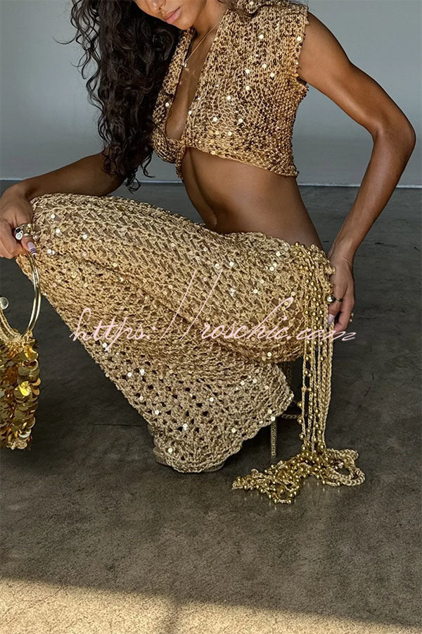 Sequin Knit Crop Top & Beaded Waist Pants Set