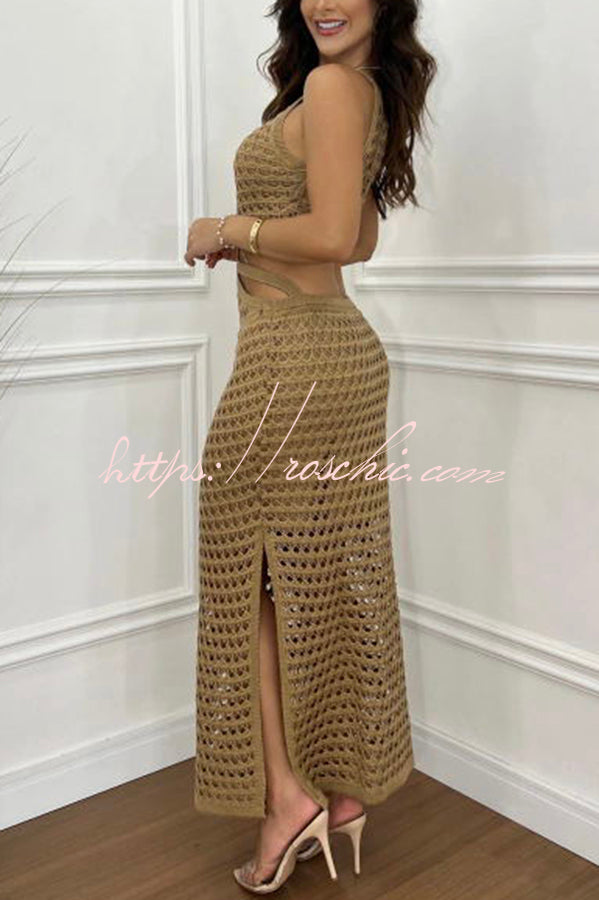 Knit Texture Side Cutout Sleeveless Stretch Maxi Dress