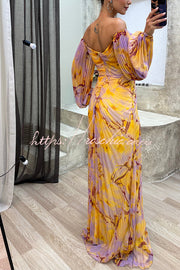 Off Shoulder Printed Pleated Maxi Dress with Diamond Detail