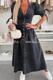 Denim Midi Dress V-Neck Button-Down Half Sleeve Loose Fit