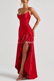 Satin Back Lace-Up High Low Ruffle Maxi Dress