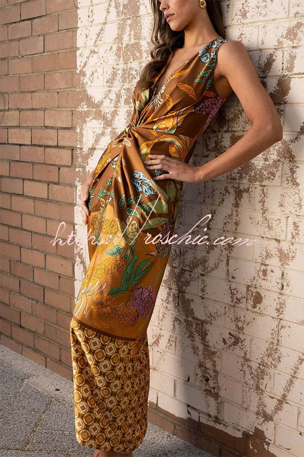 Satin Floral Print Twist Waist Maxi Dress with Front Slit
