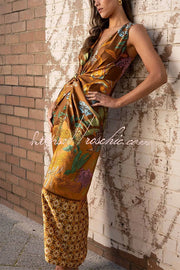 Satin Floral Print Twist Waist Maxi Dress with Front Slit