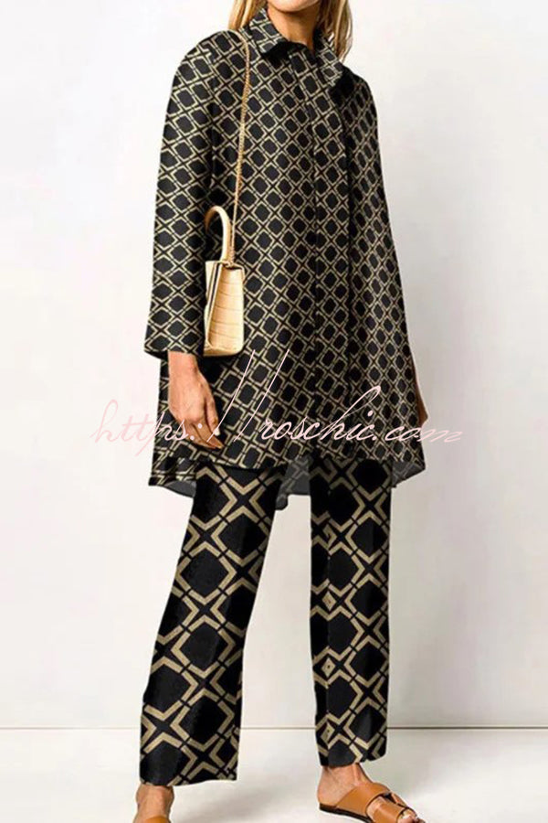 Geometric Print Lapel Two-Piece Top and Pants Set