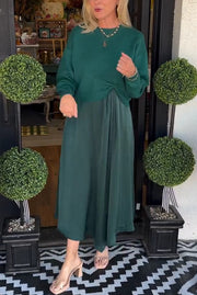 Knit Sweater & Satin Ruched Midi Dress Two-Piece Set