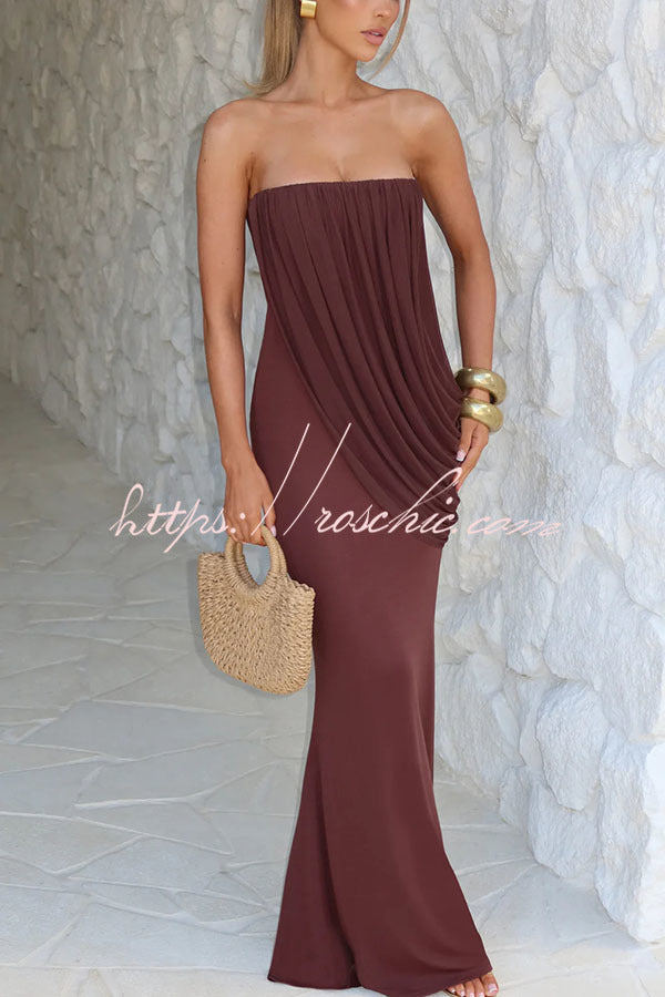 Modal Knit Strapless Maxi Dress with Asymmetric Draped Mesh