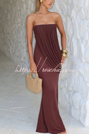 Modal Knit Strapless Maxi Dress with Asymmetric Draped Mesh