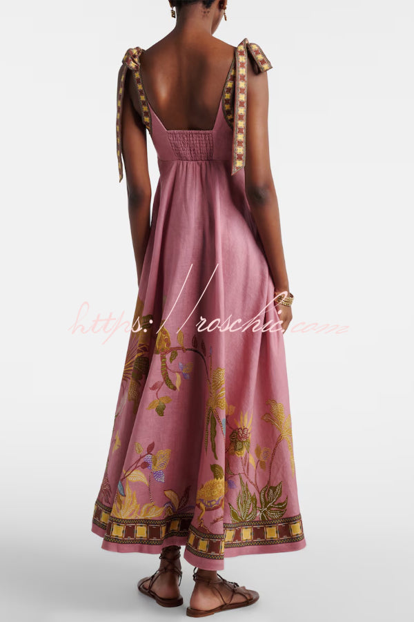 Linen Blend Printed Maxi Dress with Tie-Up Suspenders