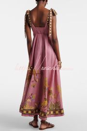 Linen Blend Printed Maxi Dress with Tie-Up Suspenders