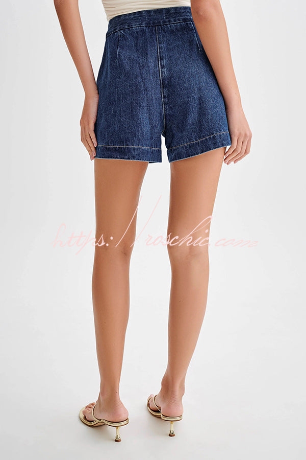 High Waist Relaxed Fit Denim Shorts with Button Fly