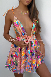 Sequin Floral V-Neck Open Back A-Line Mini Dress
