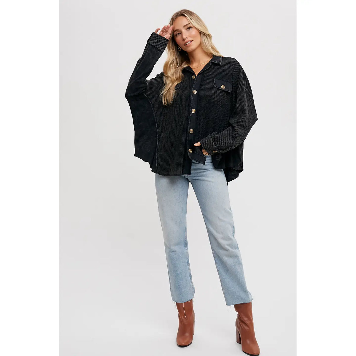 Women's Waffle Knit Shacket Batwing Sleeve Loose Fall Jacket Back to School