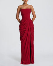 Strapless Ruched High Slit Corset Maxi Dress