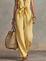 Flowy Boho Sleeveless Jumpsuit with Bow-Tie Waist