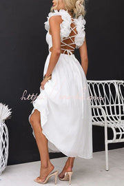 Floral Chiffon Ruffle Maxi Dress with Lace-Up Back