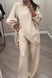 Turtleneck Knit Top & Straight Leg Pants Set – Loose Fit