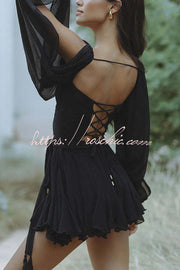 Chiffon Balloon Sleeve Mini Dress with V Neck & Back Lace-Up