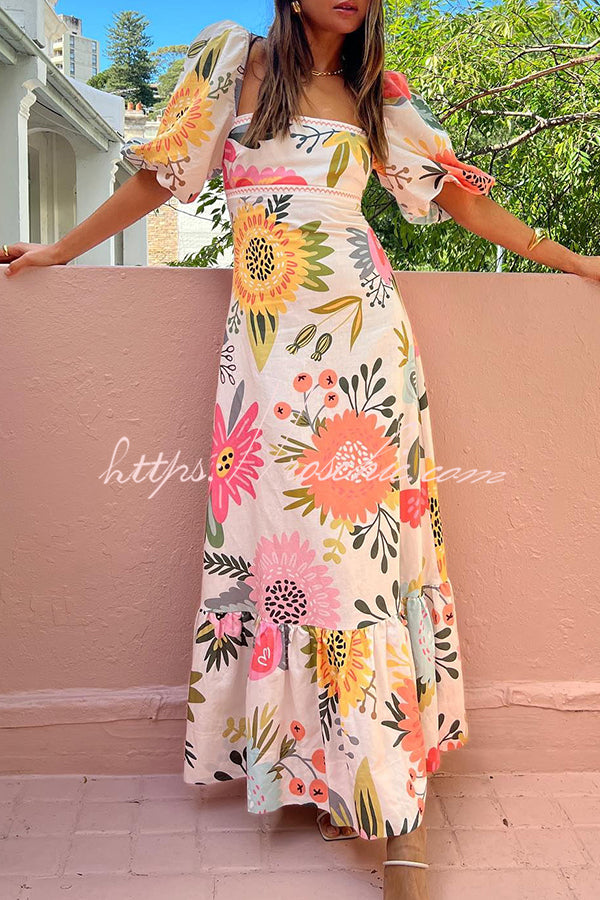 Floral Print Square Neck Bubble Sleeve Maxi Dress