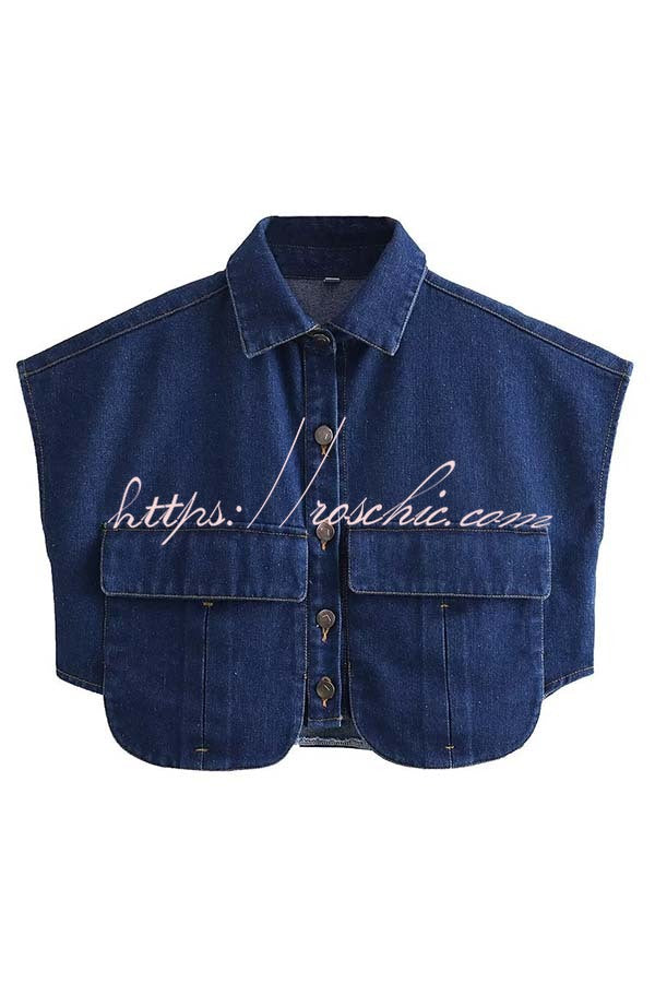 Denim Cape Sleeve Crop Top with Chest Pocket | Loose Fit