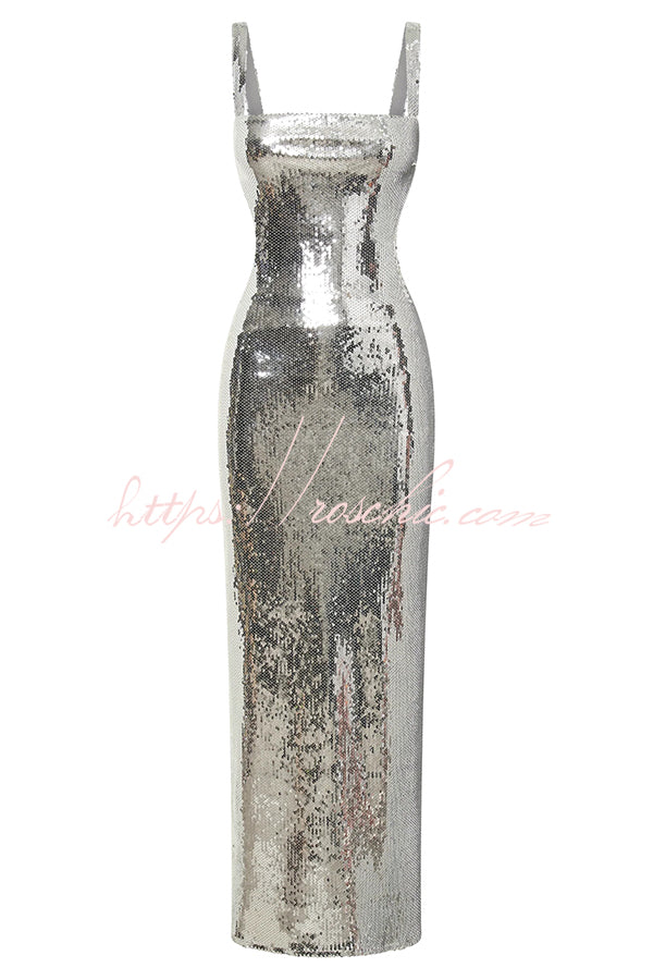 Sequin Backless Maxi Dress – Wide Strap Cutout Waist