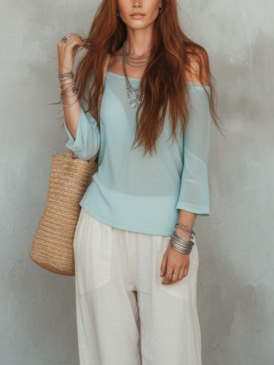 Light Blue Knitted Sweater and Wide Leg Pants Set
