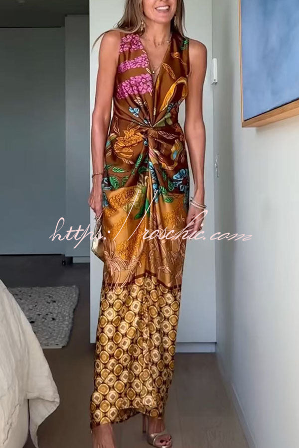 Satin Floral Print Twist Waist Maxi Dress with Front Slit